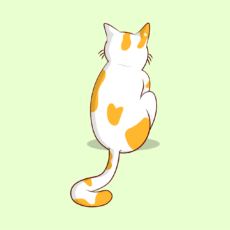 Illustration. Un chat blanc avec des taches oranges est assis et nous tourne le dos.