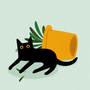 Un chat noir dessiné est couché devant une plante renversée
