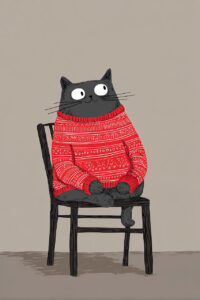 Illustration. Un chat gris avec un pull rouge est assis sur une chaise. Il a de grands yeux qui regardent sur le côté.